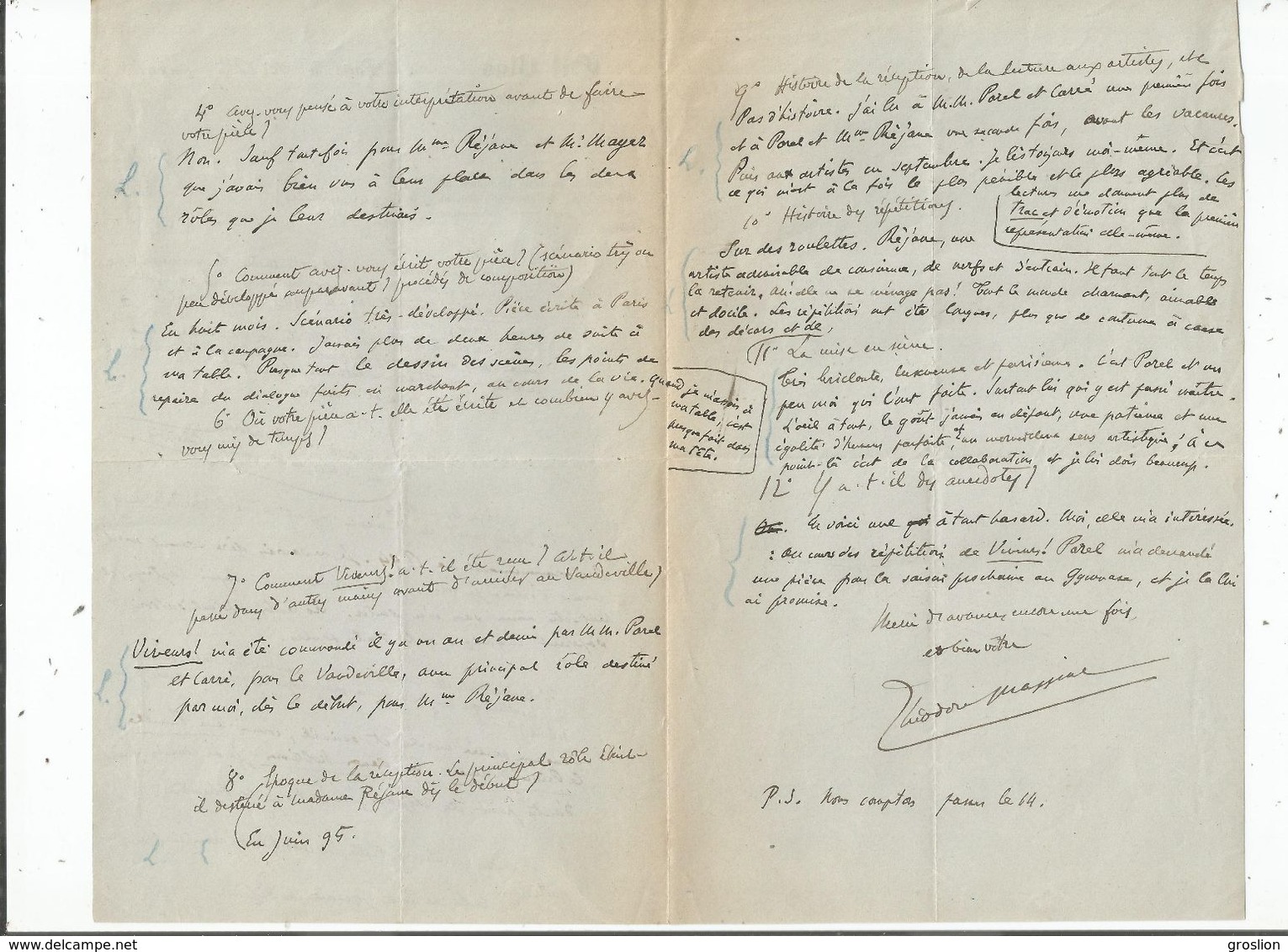 MASSIAC THEODORE (1851 1914 PARIS) PSEUDONYME DE LOUIS THEODORE COMMUN HOMME DE LETTRES LETTRE A SIGNATURE 1895 - Autres & Non Classés