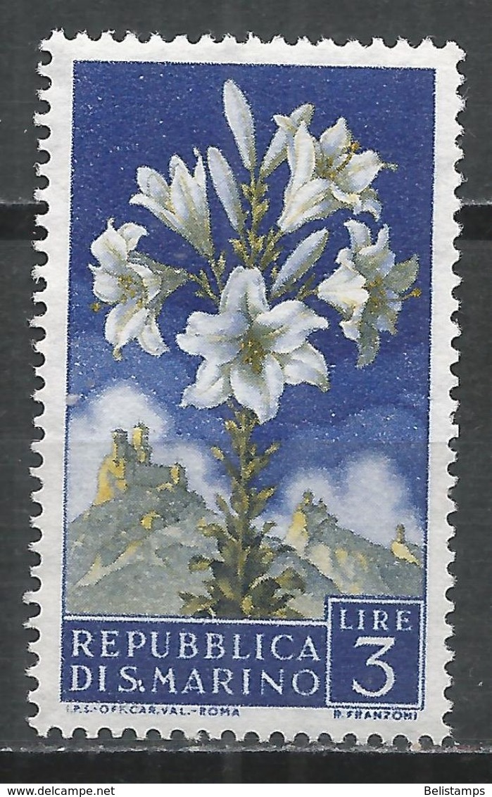 San Marino 1957. Scott #396 (M) Flowers' Lily And View Of San Marino - Unused Stamps
