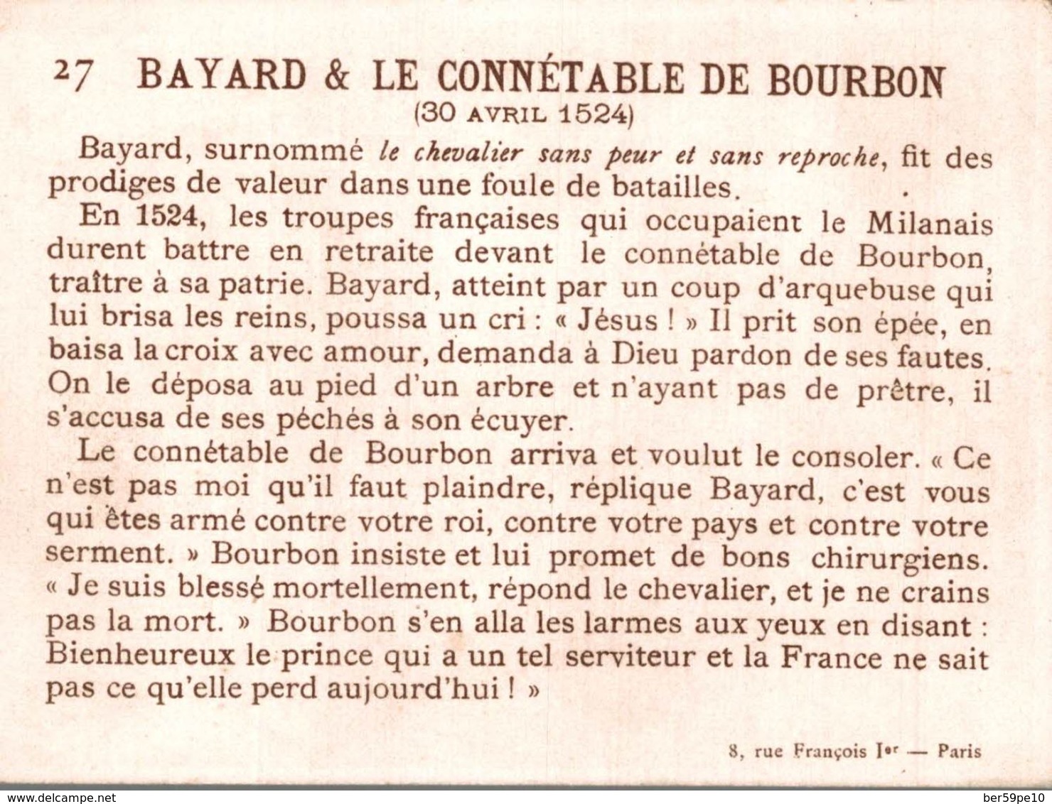 CHROMO VIE DE SAINTS BAYARD & LE CONNETABLE DE BOURBON 30 AVRIL 1524 - Andere & Zonder Classificatie