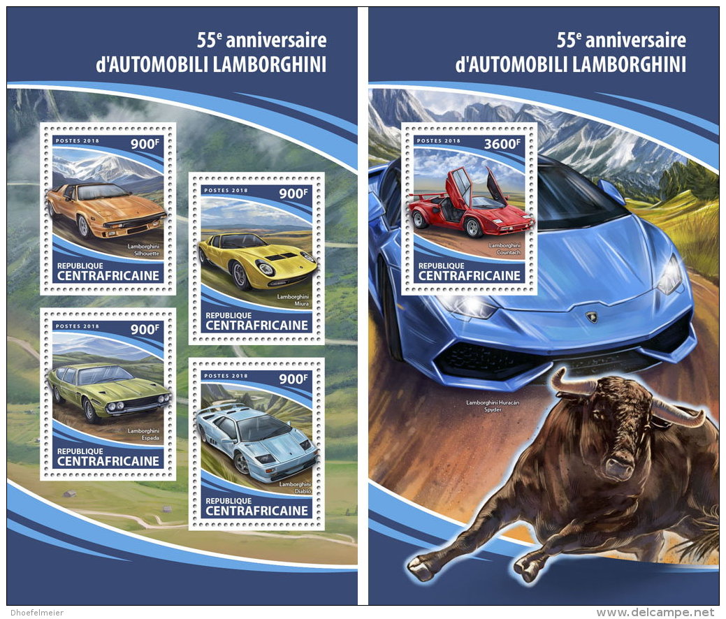 CENTRAL AFRICA 2018 MNH** Lamborghini Cars Autos Voitures M/S+S/S - IMPERFORATED - DH1813 - Voitures