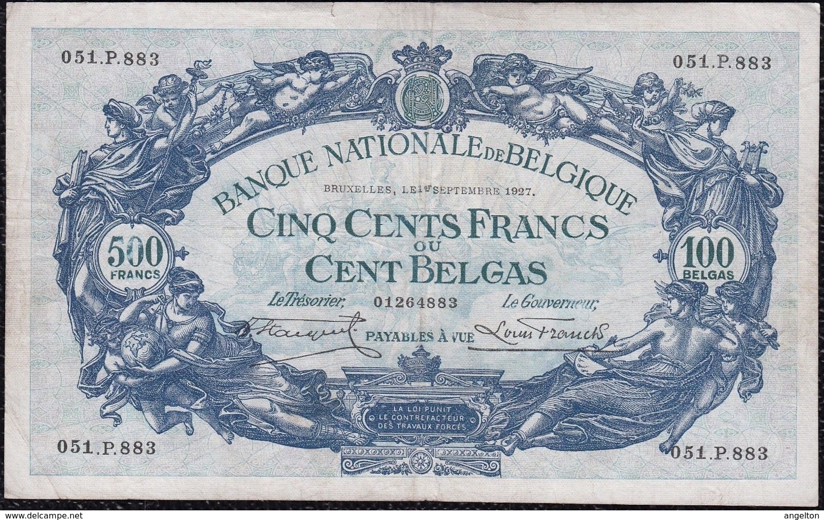 Belgium, 500 Francs 1927 *VF* Currency Banknote - Andere & Zonder Classificatie