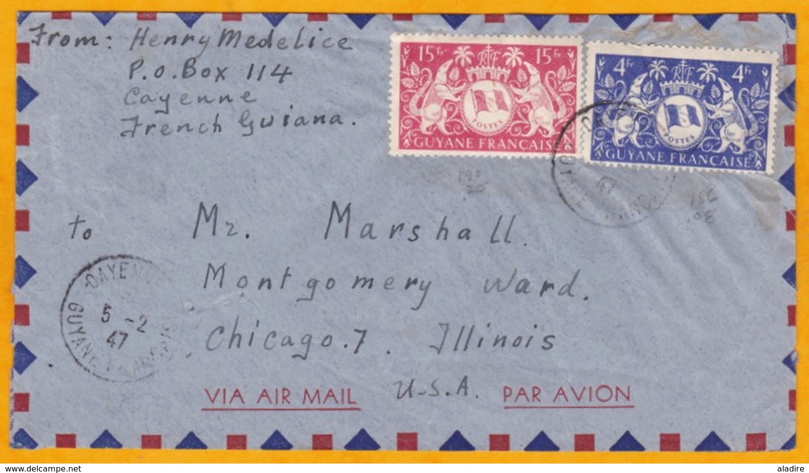 1947 - Guyane Française - Enveloppe Par Avion De Cayenne Vers Chicago, USA - Affranchissement 19 Francs - Lettres & Documents