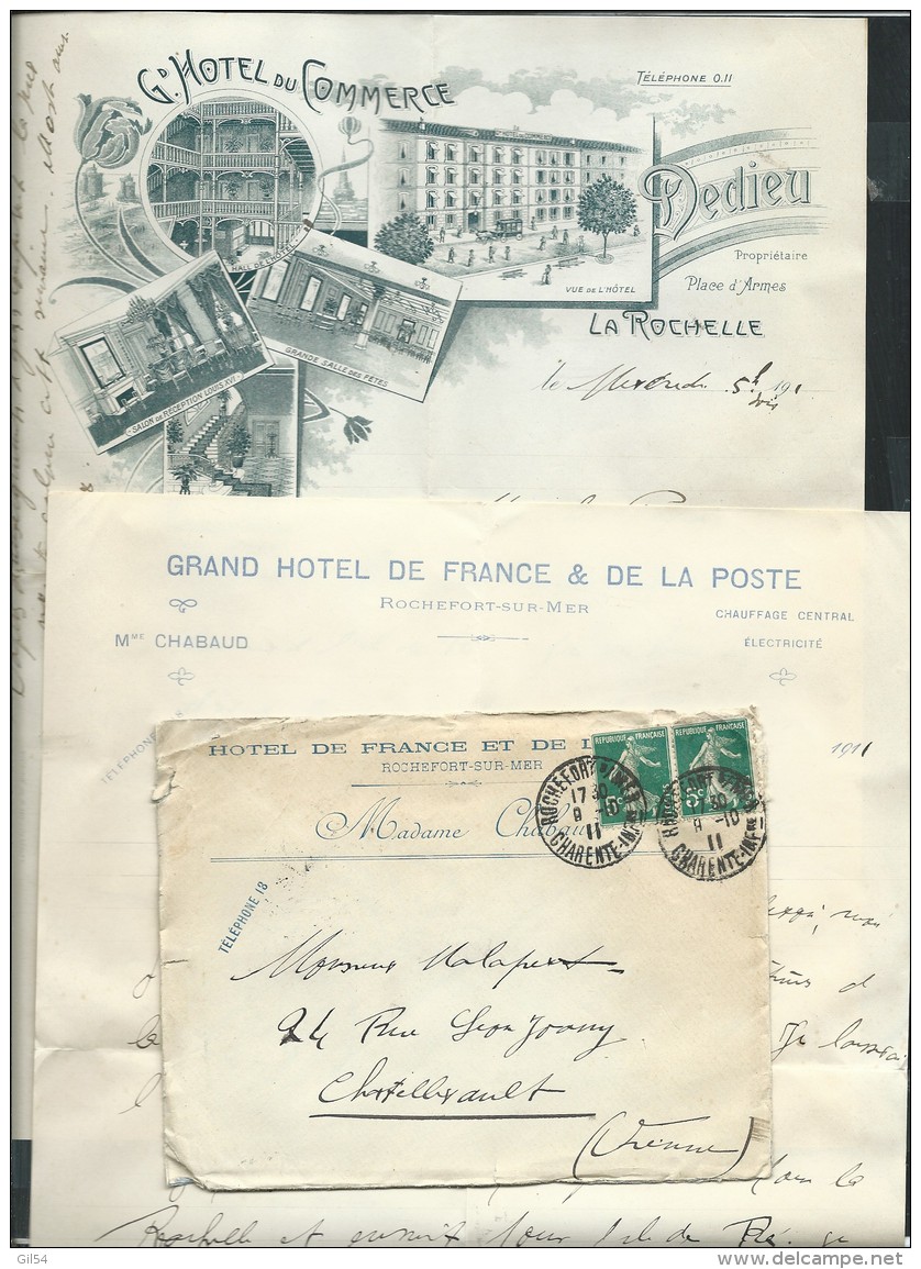 Env Hotel De France Et De La Poste , Rochefort  1911, Contenant 2 Lettres Entete Gr Hotel Commerce La ROCHELLE Af27206 - 1877-1920: Période Semi Moderne