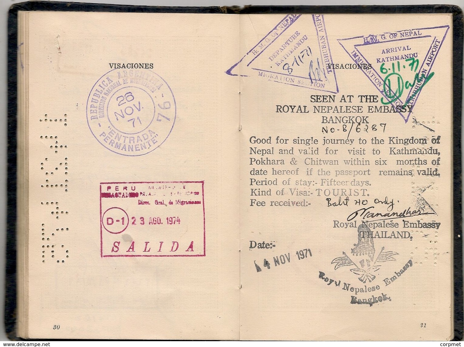 ARGENTINA 1961 PASSPORT- PASSEPORT -multiple VISAS and STAMPS -FRANCE - IRAN - LEBANON - NEPAL - THAI - INDIA - NEW ZEA