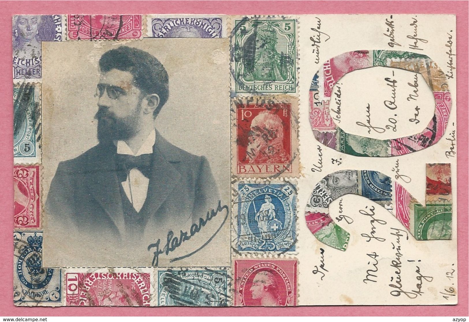 Carte Fantaisie Timbres Collés - Stamps - Briefmarken - J. LAZARUS - Au Dos BERLIN LICHTERFELDE - 3 Scans - Altri & Non Classificati