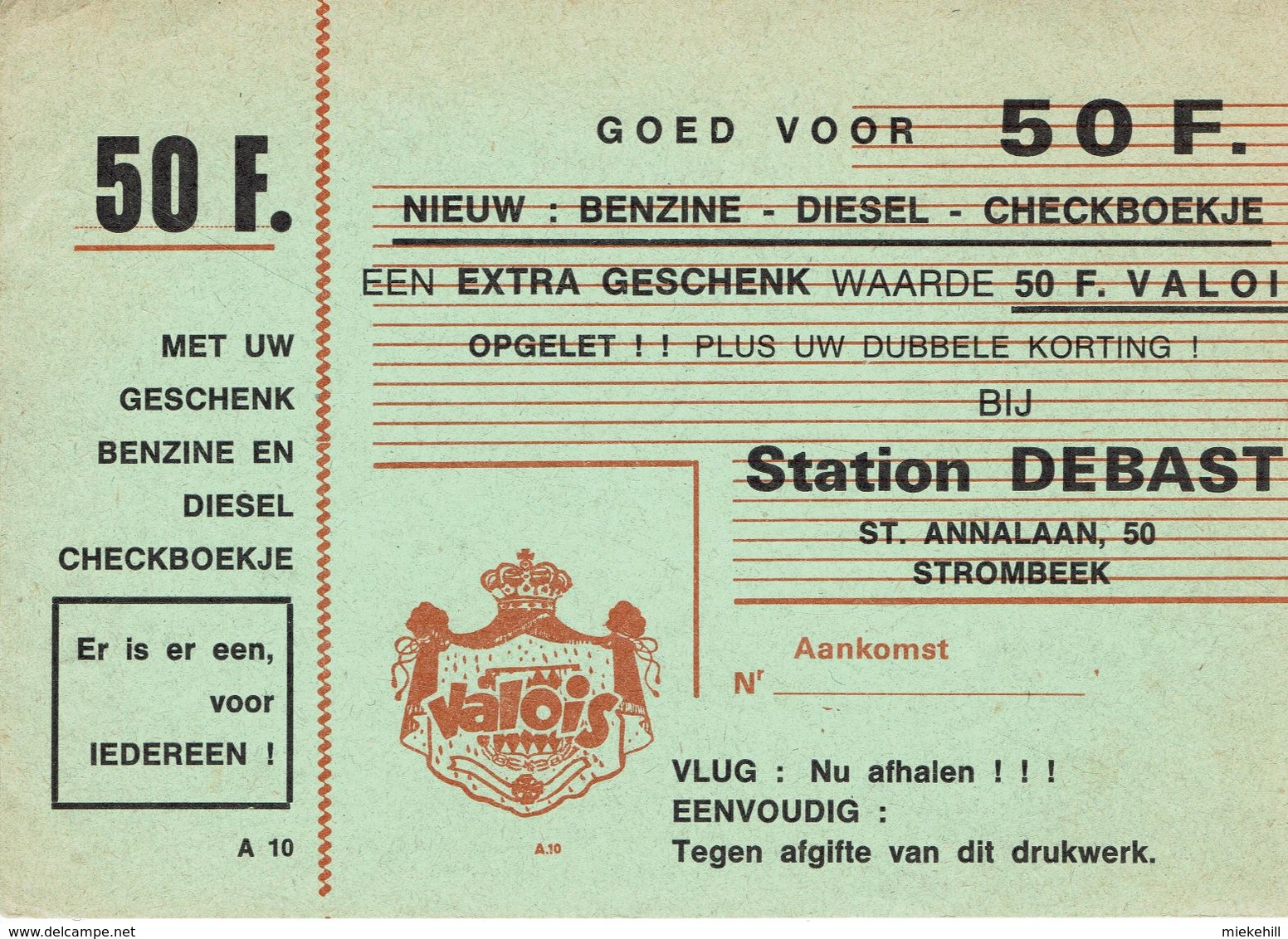 STROMBEEK-BEVER-STATION DEBAST-DRUKWERG-BENZINE-DIESEL-VALOIS-bon De Réduction Essence - Grimbergen