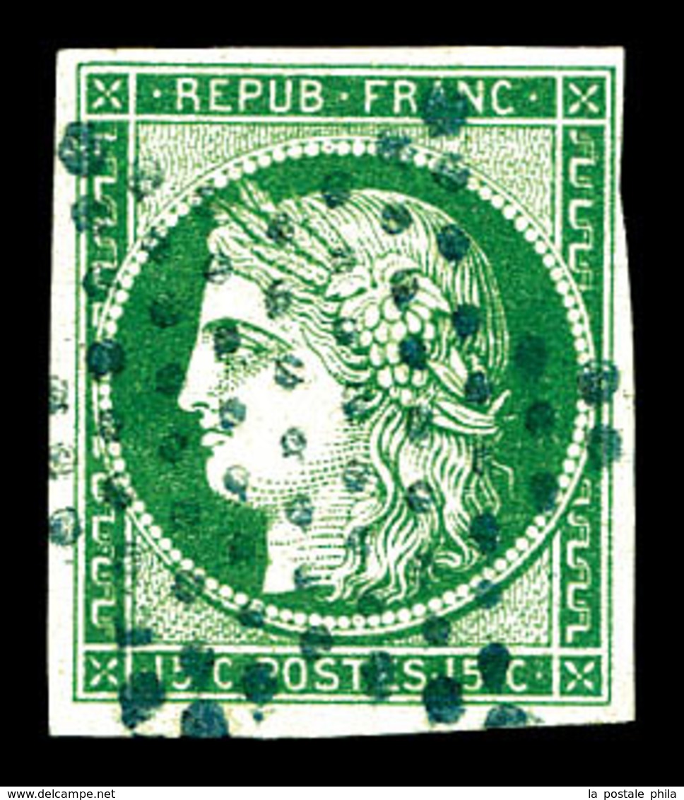 O N°2, 15c Vert Oblitération étoile Bleue. SUPERBE. R.R. (signé/certificat)   Qualité: O   Cote: 3000 Euros - 1849-1850 Cérès