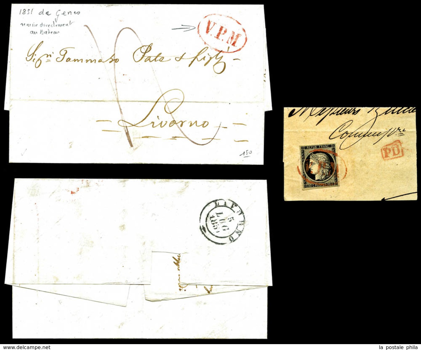 O N°3, 20c Noir Obl Ovale Rouge 'VPM' (Via Particolare Maritima, Salles N°667) Sur Fragment De Lettre De Marseille. UNIQ - 1849-1850 Ceres