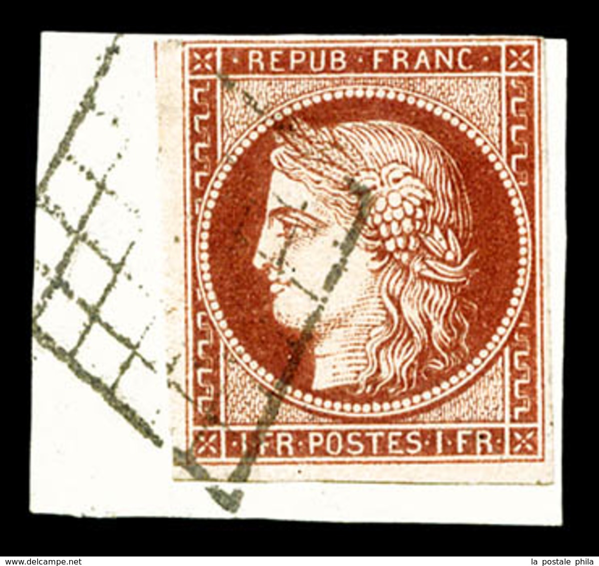 O N°6A, 1f Rougebrun Obl Grille Sur Son Support. TB. R.R. (certificat)   Qualité: O   Cote: 2700 Euros - 1849-1850 Cérès