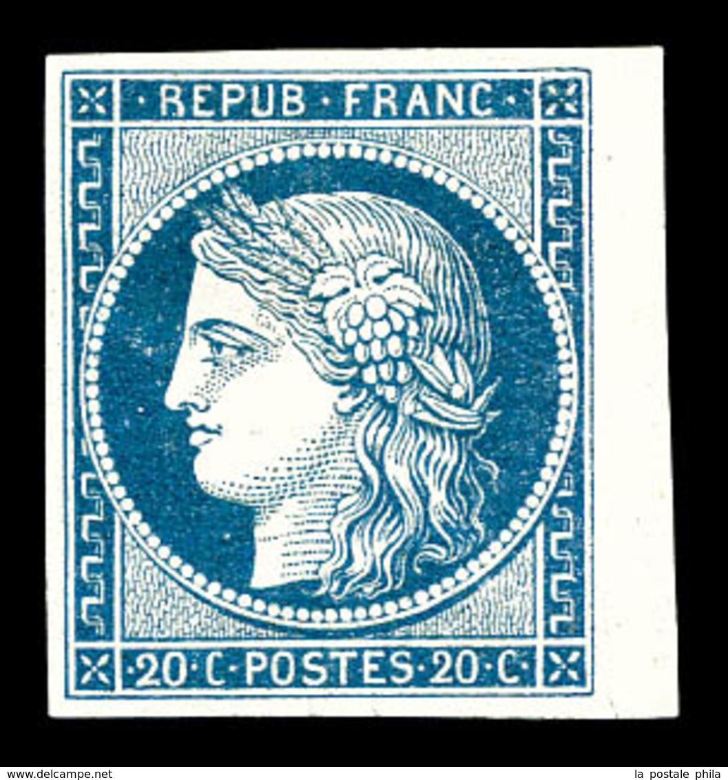 (*) N°8, Non émis, 20c Bleu Sur Jaunâtre, Bord De Feuille. SUP. R. (signé Brun/certificat)   Qualité: (*)   Cote: 5000 E - 1849-1850 Ceres