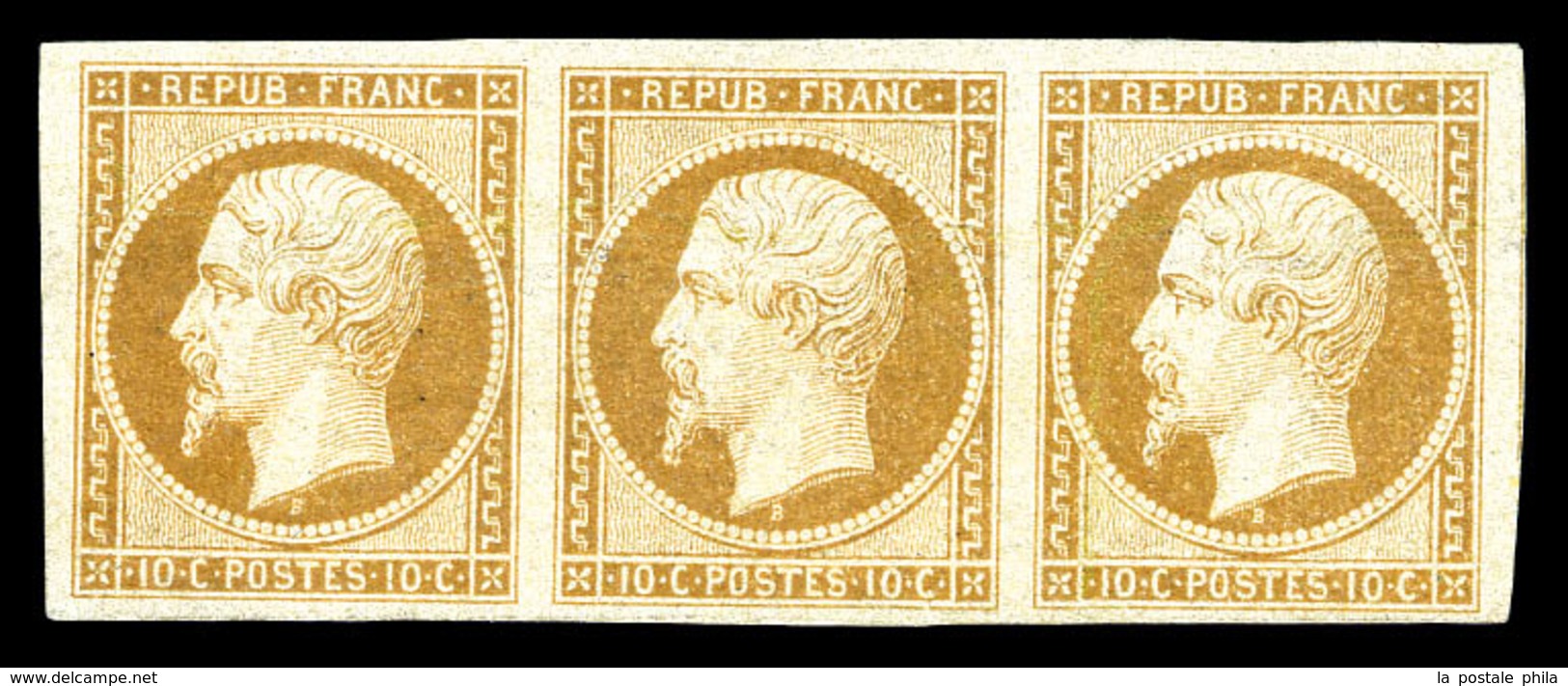 * N°9, 10c Bistrejaune En Bande De 3 Restaurée. TRES GRANDE RARETE (certificats)   Qualité: *   Cote: 135000 Euros - 1852 Louis-Napoleon