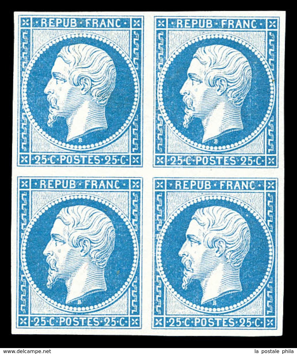 ** N°10, 25c Bleu En Bloc De Quatre, Très Belles Marges, Fraîcheur Postale. SUPERBE. R.R.R. (signé Brun/certificats)   Q - 1852 Louis-Napoléon