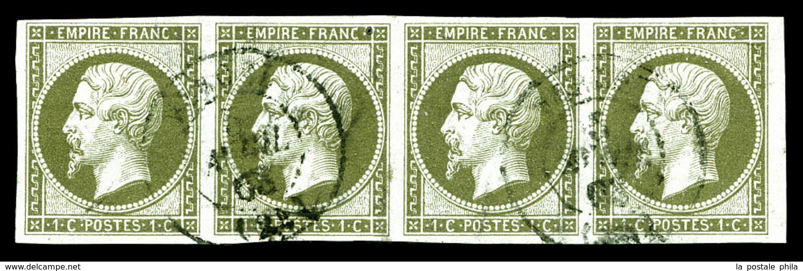 O N°11, 1c Olive, Bande De Quatre. TTB (signé Calves/certificat)   Qualité: O   Cote: 660 Euros - 1853-1860 Napoleone III