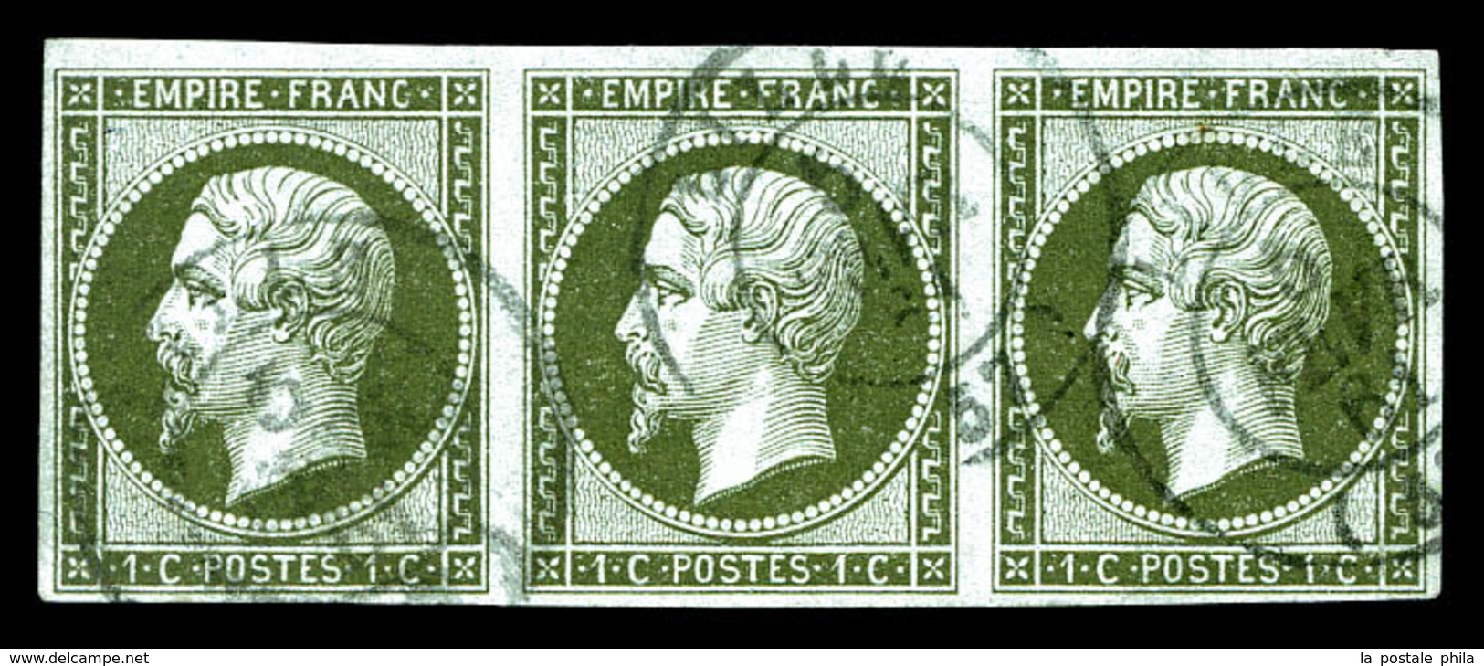 O N°11a, 1c Bronze, Bande De 3. TTB (signé Scheller/certificat)   Qualité: O   Cote: 375 Euros - 1853-1860 Napoléon III.