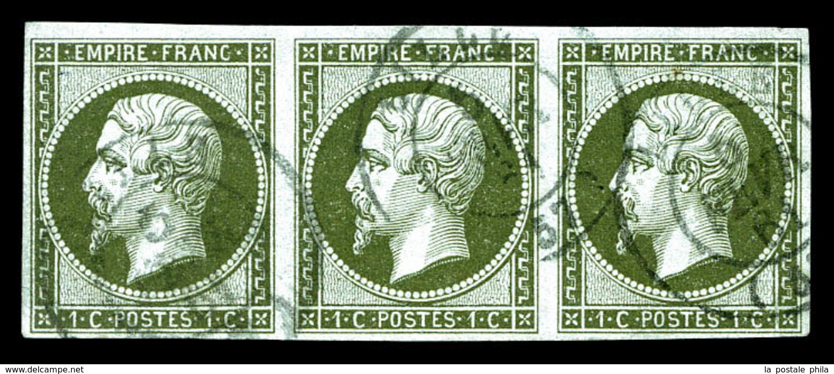 O N°11a, 1c Bronze, Bande De 3. TTB (signé Scheller/certificat)   Qualité: O   Cote: 375 Euros - 1853-1860 Napoleon III