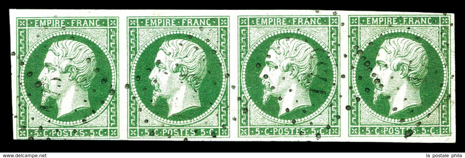 O N°12c, 5c Vert Foncé Sur Vert, Bande De Quatre Horizontale. SUP (signé Scheller/certificat)   Qualité: O   Cote: 1850  - 1853-1860 Napoleon III