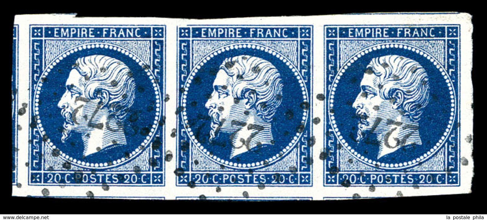 O N°14Aa, 20c Bleu Foncé En Bande De 3 Obl Pc '2272', Grandes Marges Avec Voisins, Pièce Choisie. SUP (signé Scheller/ce - 1853-1860 Napoleon III