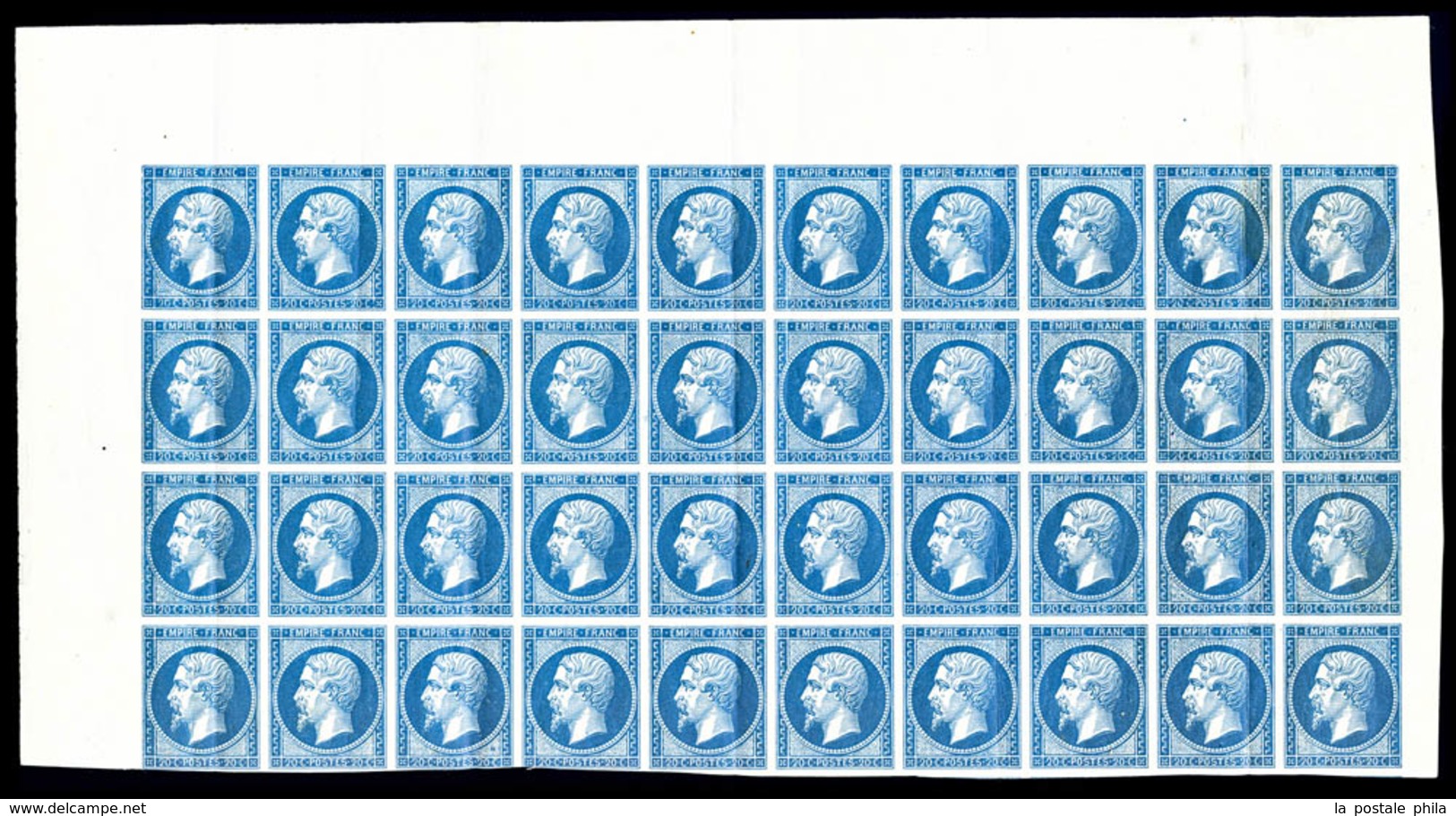 ** N°14B, 20c Bleu Type II En Panneau De 40 Exemplaires Haut De Feuille, Quelques Plis Verticaux Sans Importance, Probab - 1853-1860 Napoleon III