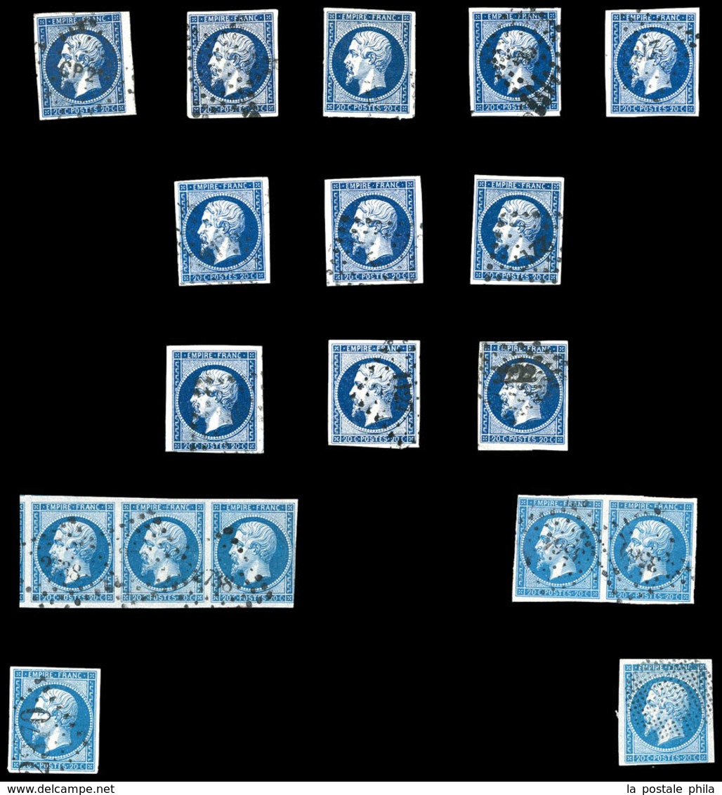 O N°14, 20c Empire, Ensemble De 93 Exemplaires Dont Bande, Paires, Nuances (bleu Sur Vert, Lilas), Oblitérations, Filet  - 1853-1860 Napoleone III