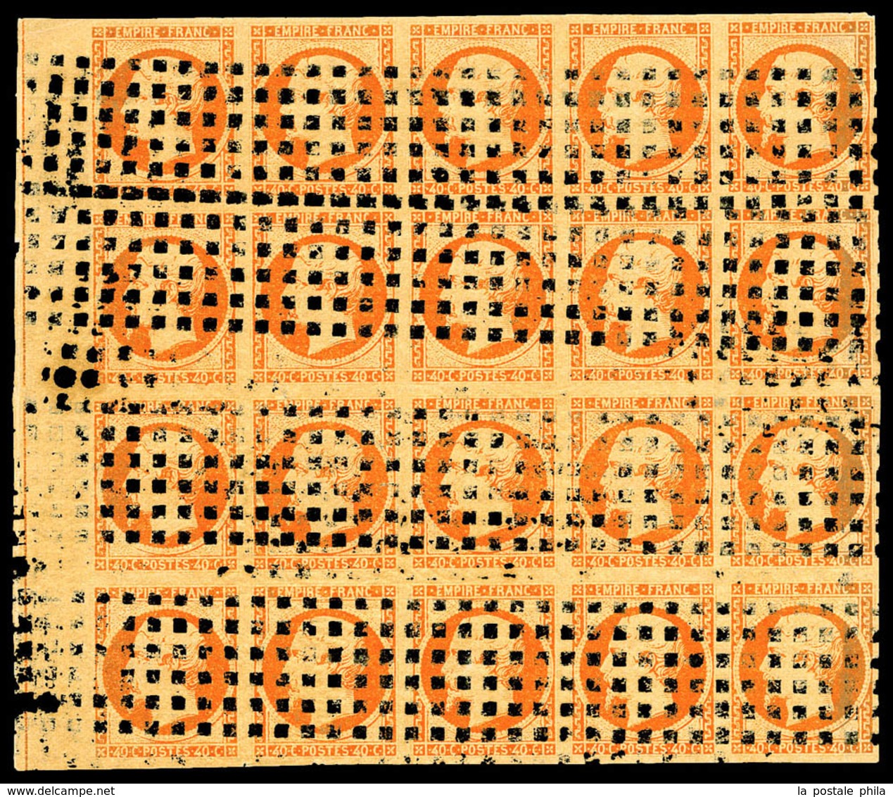 O N°16c, 40c Orange Sur Paille En Bloc De 20 Exemplaires Bord De Feuille Avec Filet D'encadrement Obl Gros Points. SUP.  - 1853-1860 Napoleon III