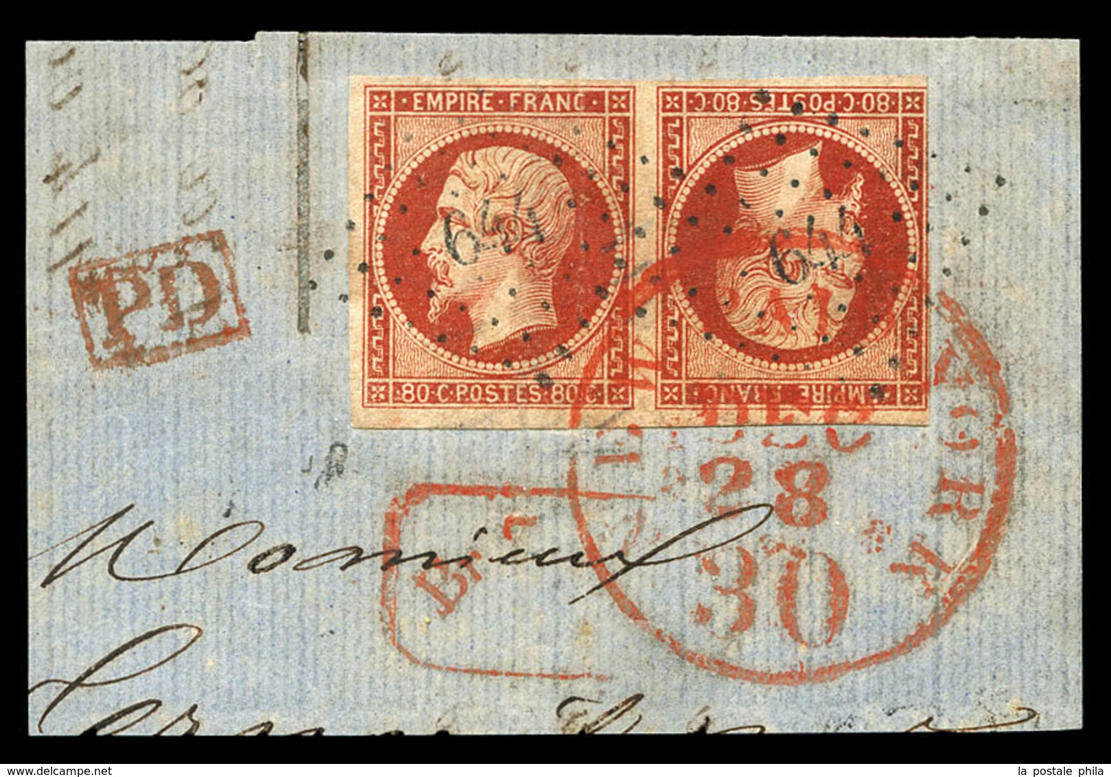 O N°17Af, 80c Carmin En Paire Têtebêche Au Filet à Droite Et Léger Pli Vert à Gauche Obl PC 644 + Cachet Rouge De New Yo - 1853-1860 Napoleon III