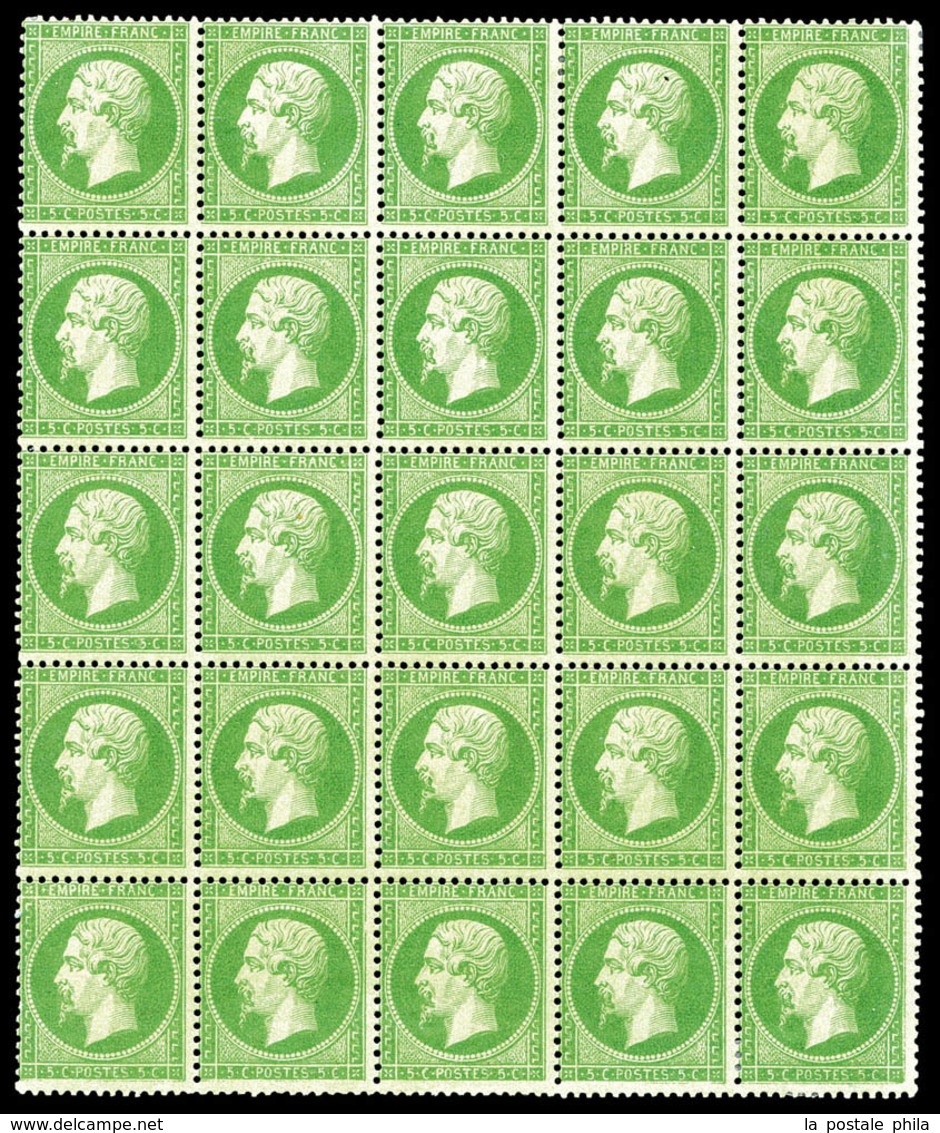 ** N°20g, 5c Vert Jaune Sur Verdâtre En Bloc De 25 Exemplaires (8 Ex*), Fraîcheur Postale. SUPERBE. R.R. (signé Calves/c - 1862 Napoleon III