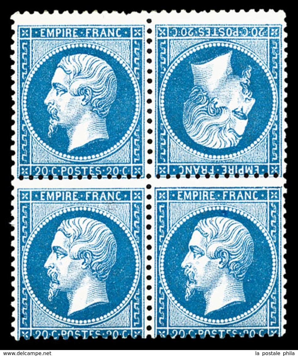 * N°22b, 20c Bleu, Têtebêche Tenant à Normaux Dans Un Bloc De Quatre (1ex**), RARE Et SUPERBE (signé Calves/certificat)  - 1862 Napoleon III