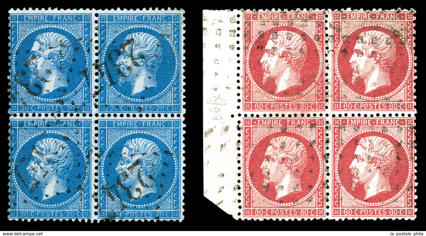 O 20c Bleu Et 80c Rose En Bloc De 4. B/TB   Qualité: O   Cote: 600 Euros - 1862 Napoleon III