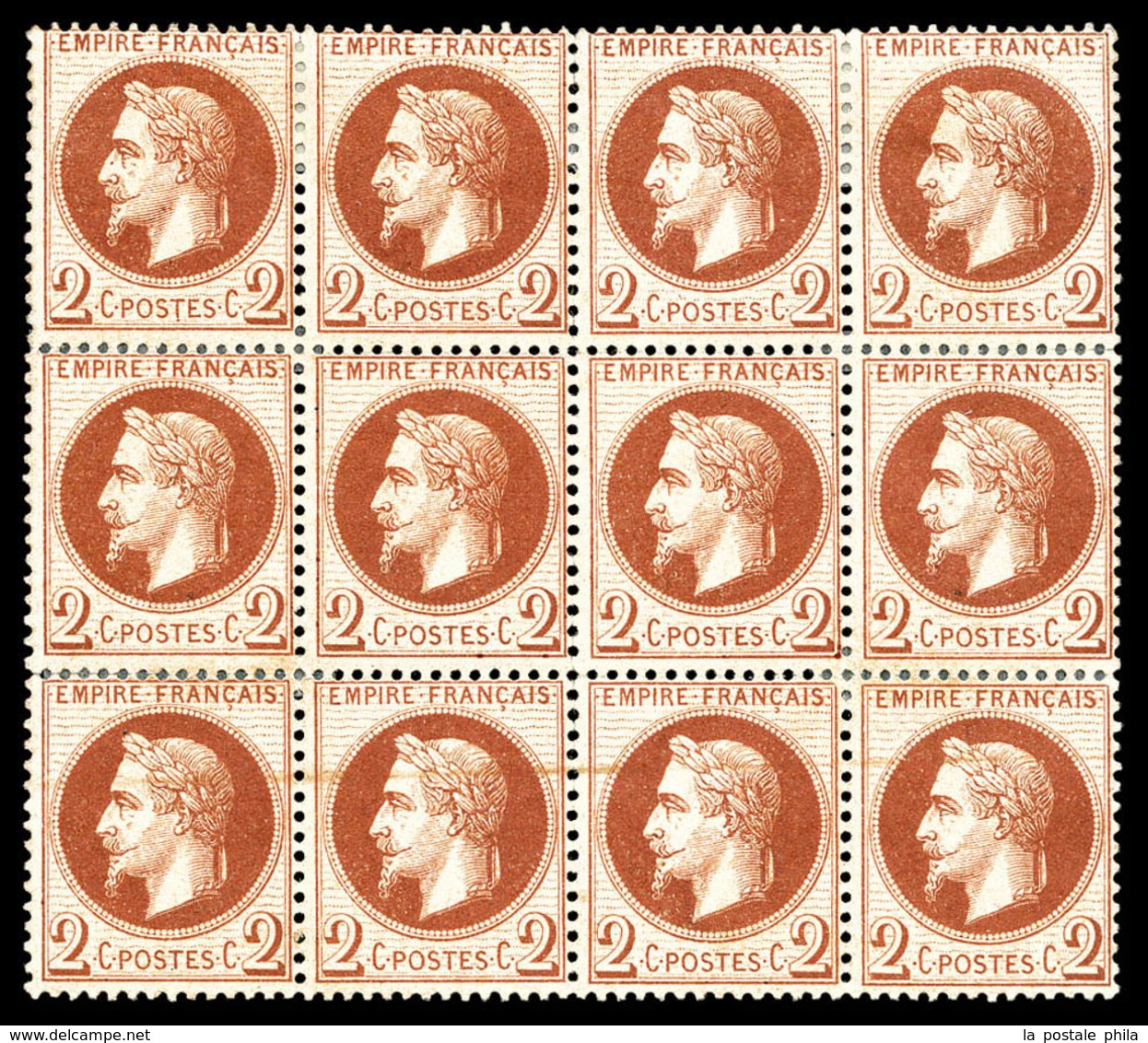 * N°26B, 2c Rougebrun Clair Type II, Bloc De 12 Exemplaires. TB   Qualité: *   Cote: 2400 Euros - 1863-1870 Napoleon III With Laurels