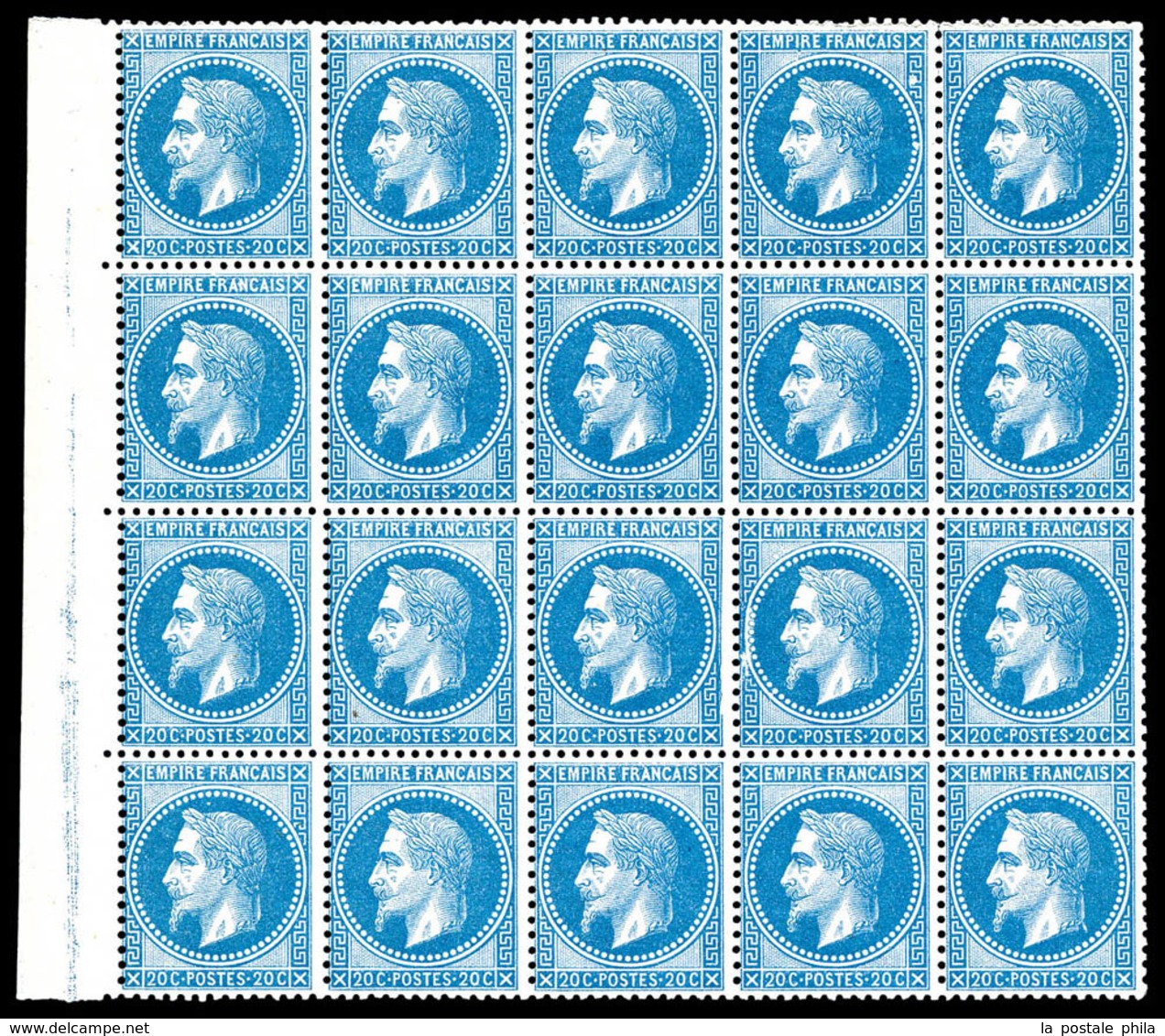 ** N°29B, 20c Bleu Type II En Bloc De 20 Bord De Feuille, Pli D'archive Sur 3 Timbres. SUP (certificat)   Qualité: ** - 1863-1870 Napoleon III With Laurels