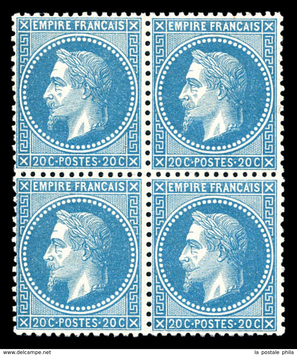 ** N°29B, 20c Bleu Type II En Bloc De Quatre Bon Centrage, Frais. TTB (certificat)   Qualité: ** - 1863-1870 Napoleon III With Laurels