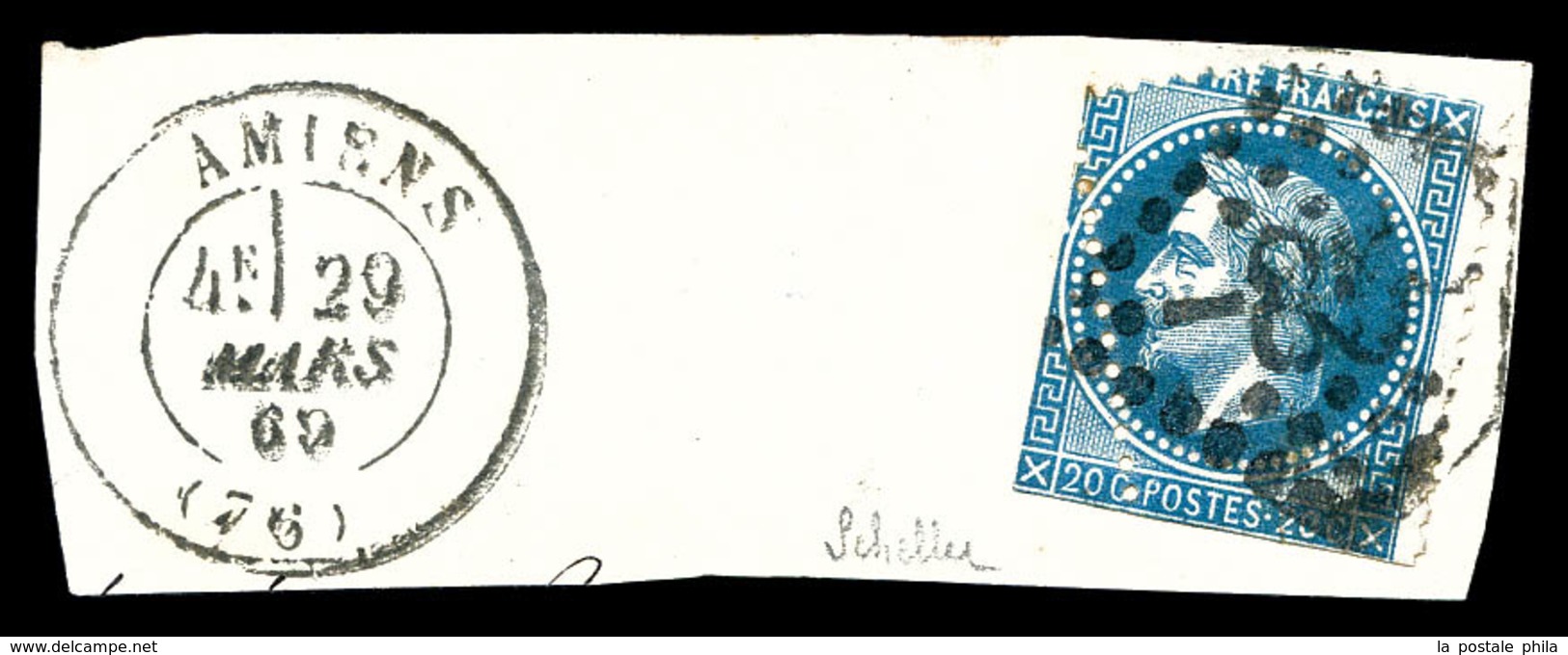 O N°29B, 20c Bleu, Variété Piquage Oblique Sur Son Support. TTB (signé Scheller)   Qualité: O - 1863-1870 Napoléon III Lauré