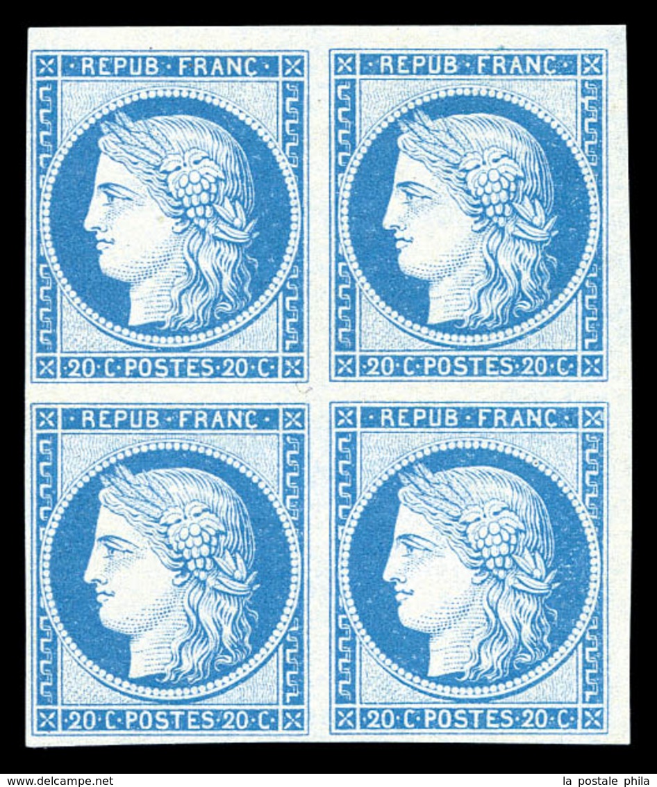 ** N°37f, 20c Bleu IMPRESSION DE GRANET Non Dentelé En Bloc De Quatre Petit Coin De Feuille (2ex*), SUPERBE (certificat) - 1870 Assedio Di Parigi