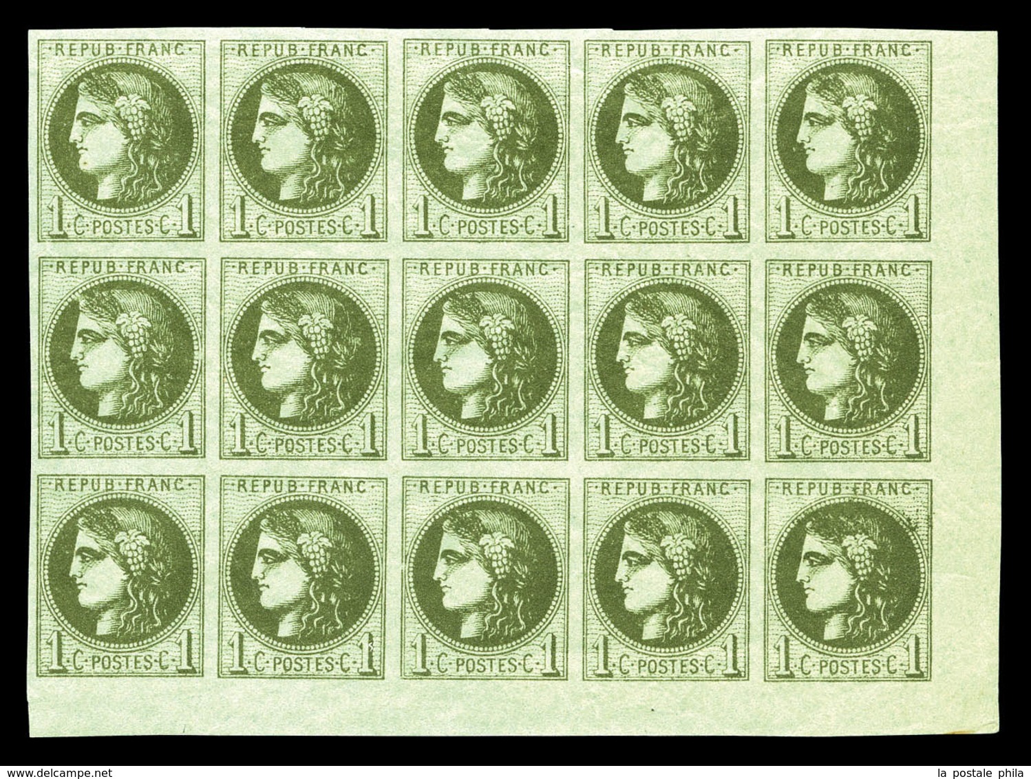 ** N°39C, 1c Olive Report 3, Bloc Report De 15 Exemplaires Coin De Feuille, Fraîcheur Postale, SUPERBE (certificat)   Qu - 1870 Bordeaux Printing