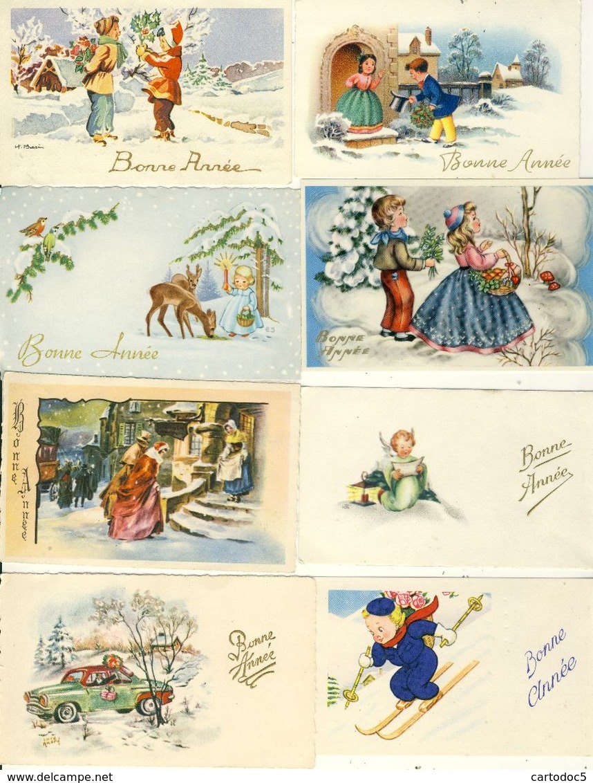 Lot De 8 Mignonnettes Bonne Année Paysages De Neige Couples Skieur Voiture Biches - Nouvel An