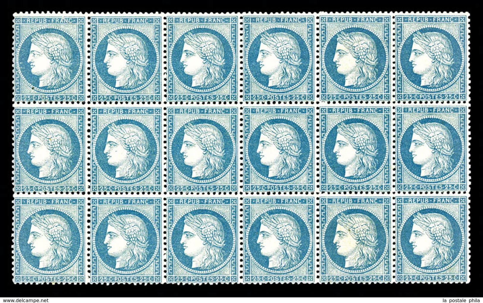 ** N°60A, 25c Bleu Type I, Bloc De 18 Exemplaires, Fraîcheur Postale. SUP. R. (certificat)   Qualité: ** - 1871-1875 Ceres