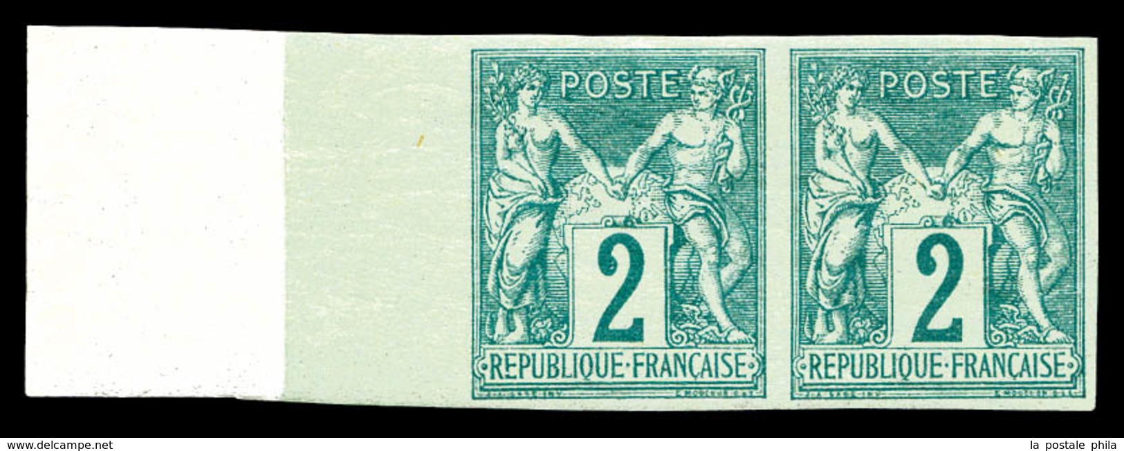 ** N°62a, 2c Vert Type I Non Dentelé En Paire (1ex*), Bord De Feuille Intégral Avec Fond De Sûreté, Fraîcheur Postale. S - 1876-1878 Sage (Tipo I)