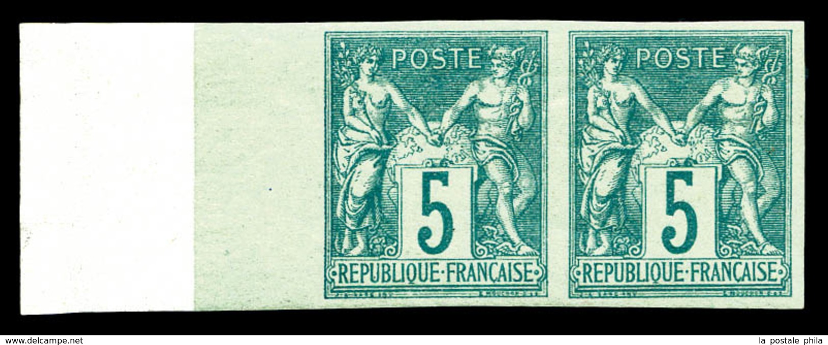 ** N°64a, 5c Vert Type I Non Dentelé En Paire, Bord De Feuille Intégral Avec Fond De Sûreté, Fraîcheur Postale. SUP (sig - 1876-1878 Sage (Type I)