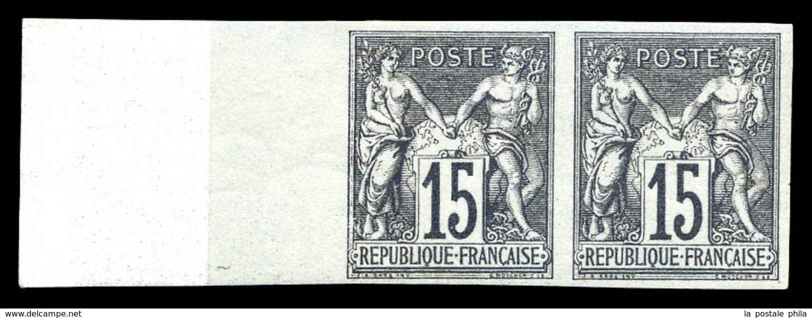 ** N°66a, 15c Gris Type I Non Dentelé En Paire (1ex*), Bord De Feuille Intégral Avec Fond De Sûreté, Fraîcheur Postale.  - 1876-1878 Sage (Type I)