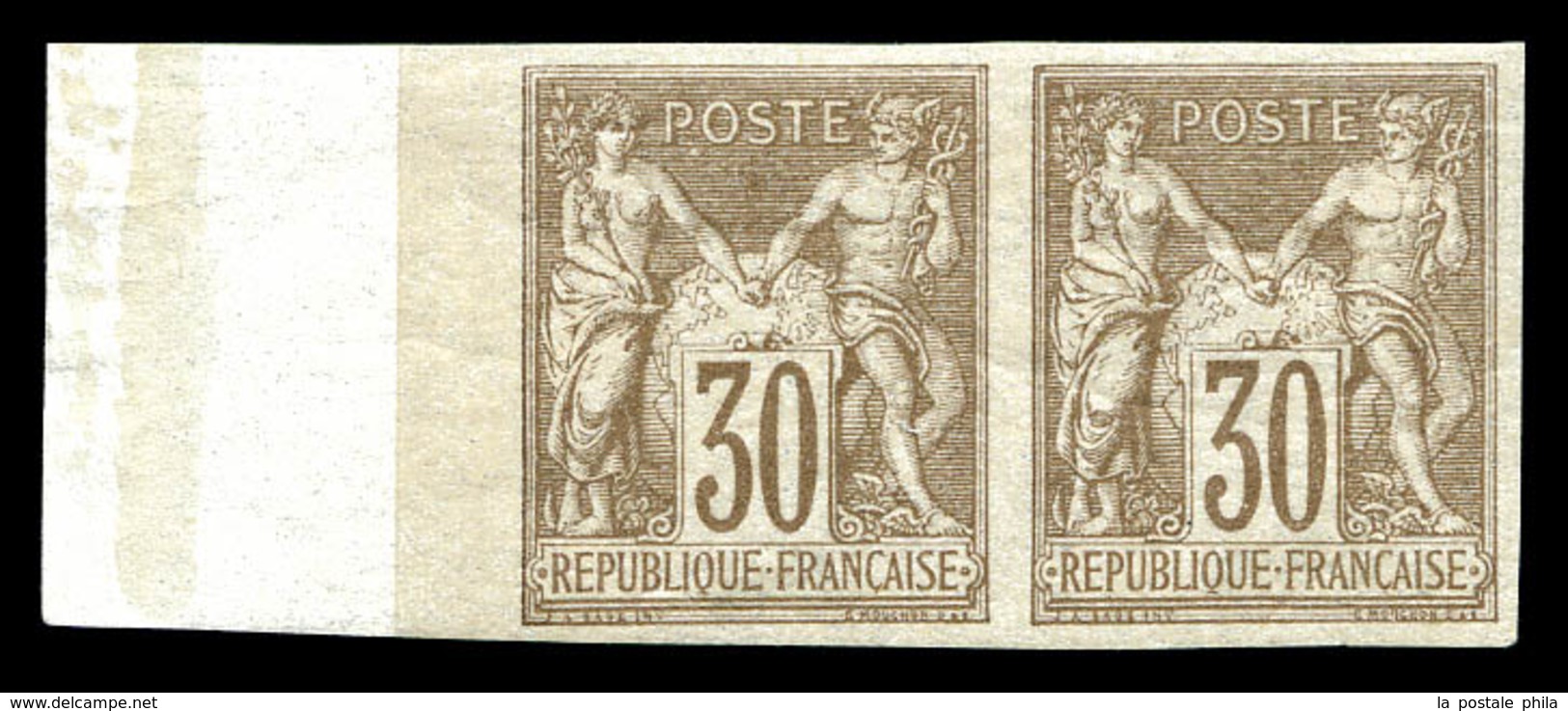 ** N°69a, 30c Brunclair Type I Non Dentelé En Paire, Bord De Feuille Intégral Avec Fond De Sûreté, Fraîcheur Postale. SU - 1876-1878 Sage (Type I)