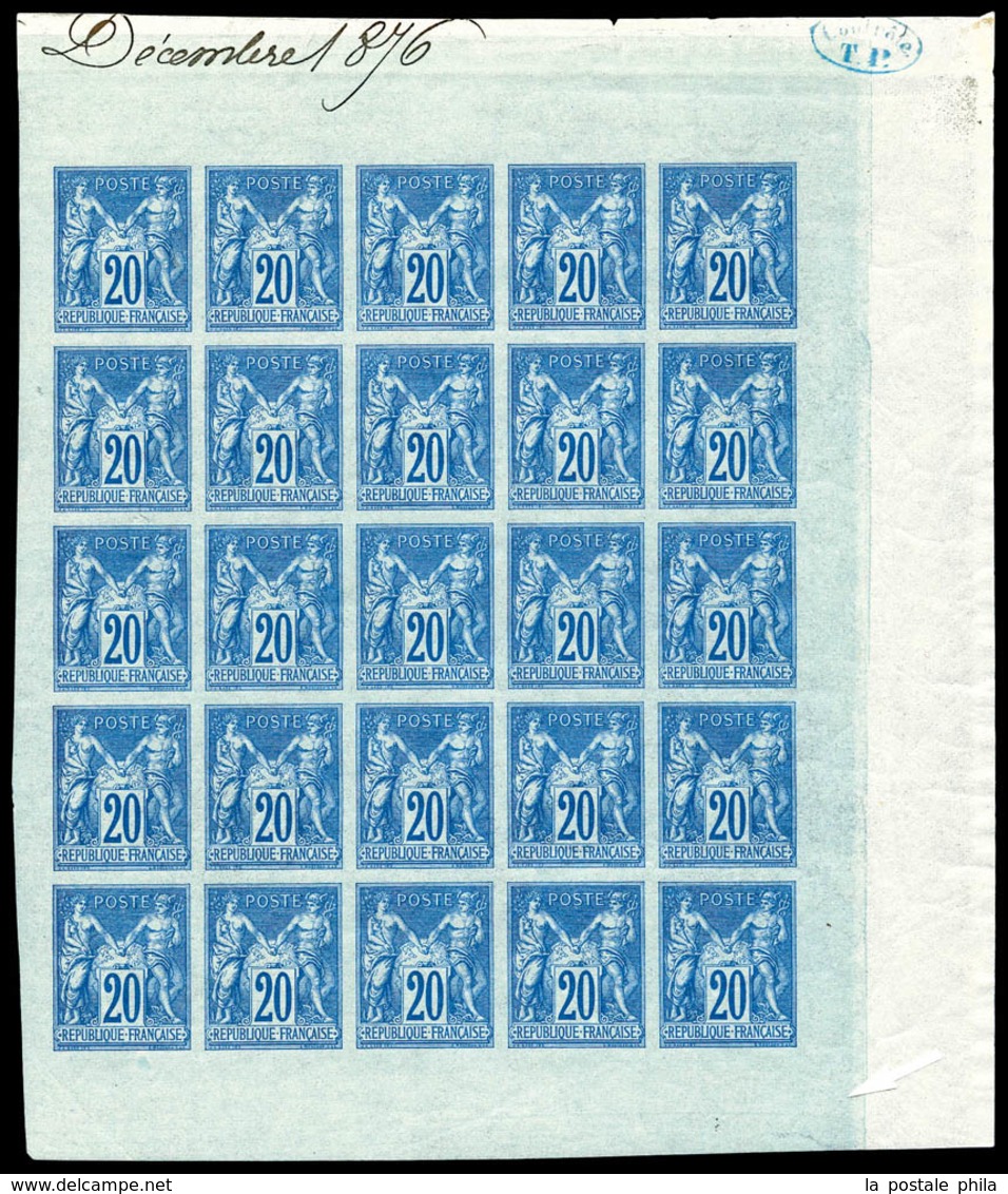 ** N°73a, NON EMIS, 20c Bleu Turquoise Non Dentelé Type II En Panneau Complet De 25 Exemplaires Avec Inscription 'Décemb - 1876-1878 Sage (Tipo I)