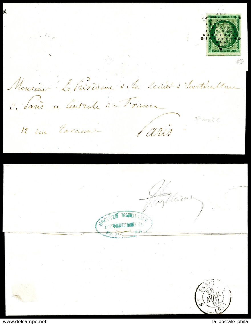 O N°2b, 15c Vertfoncé, Très Grandes Marges Dont Un Voisin Sur Lettre Locale. SUPERBE. R. (certificat)   Qualité: O   Cot - 1849-1876: Classic Period