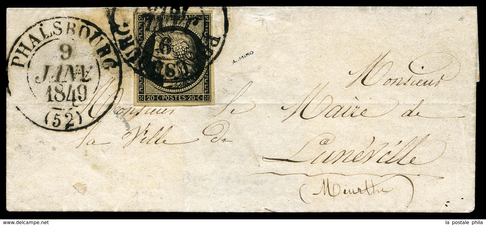 O N°3, 20c Noir Obl Grand Cachet Type 13 De Phalsbourg Le 9 Janvier 1849 Sur Petite Lettre. SUPERBE. R.R.R. (signé Brun/ - 1849-1876: Période Classique