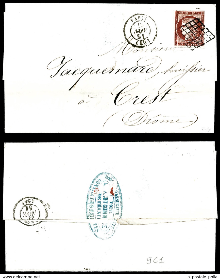 O N°6, 1f Carmin Obl Grille Sur Lettre De Paris Le 19 Nov 51 Pour Crest. TB (signé Calves/certificat)   Qualité: O   Cot - 1849-1876: Periodo Classico