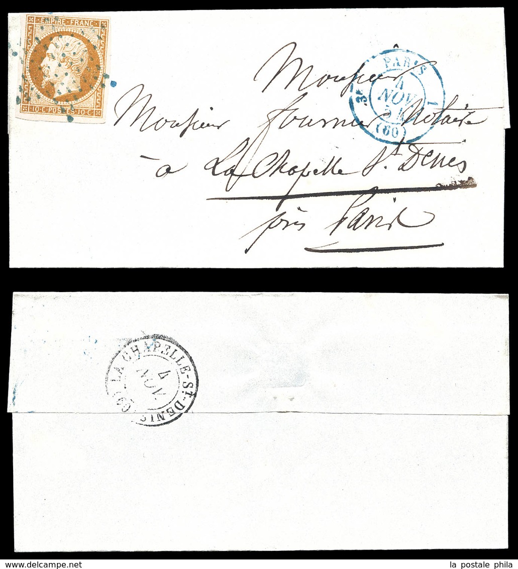 O N°13, 10c Empire Oblitération étoile + Càd Bleu Sur Lettre Du 4 Nov 54 De Paris Pour La Chapelle St Denis. TTB (certif - 1849-1876: Classic Period