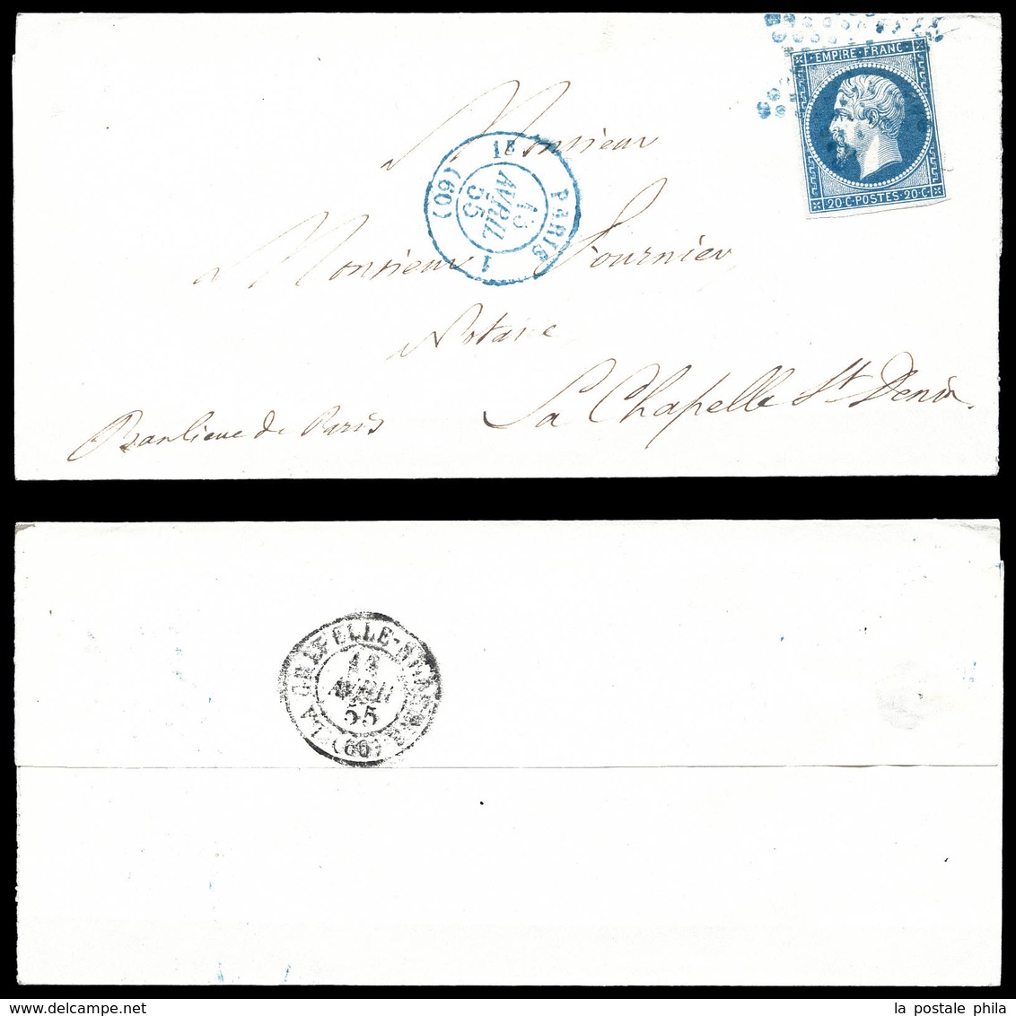 O N°14A, 20c Empire Oblitération étoile + Càd Bleu Sur Lettre Du 13 Avril 55 De Paris Pour La Chapelle St Denis. TTB (ce - 1849-1876: Classic Period