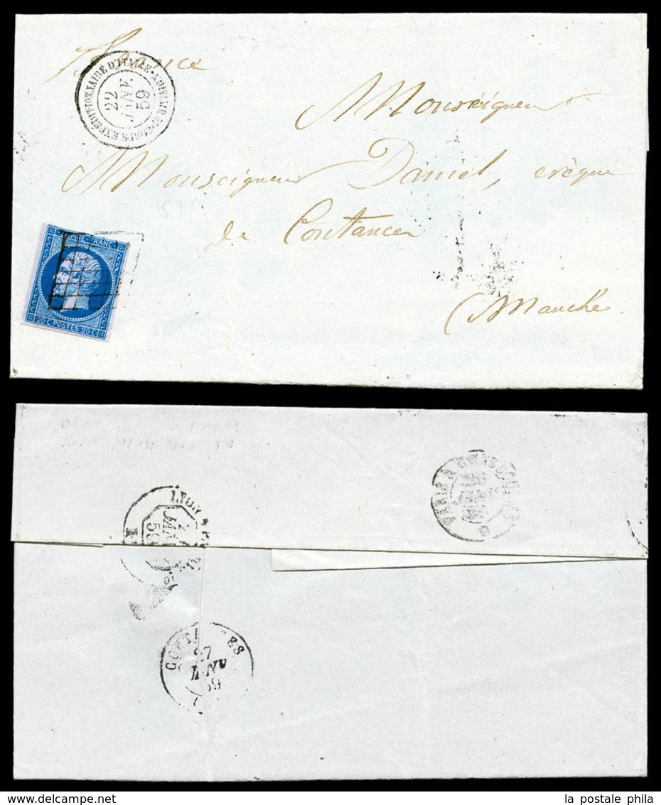 O N°14A, 20c Bleu Obl Grille + Càd Corp Exp D'Italie/1ère Division Sur Lettre Du 22 Janv 59 Pour Coutance. TTB (certific - 1849-1876: Classic Period