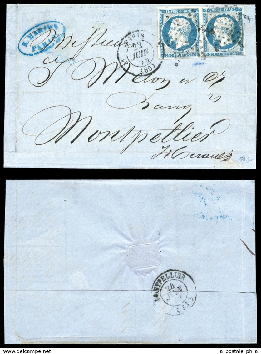 O N°15, 25c Empire En Paire (au Filet SE) Sur Lettre De Paris Le 22 Juin 1854 Pour Montpellier (signé Calves/certificat) - 1849-1876: Période Classique