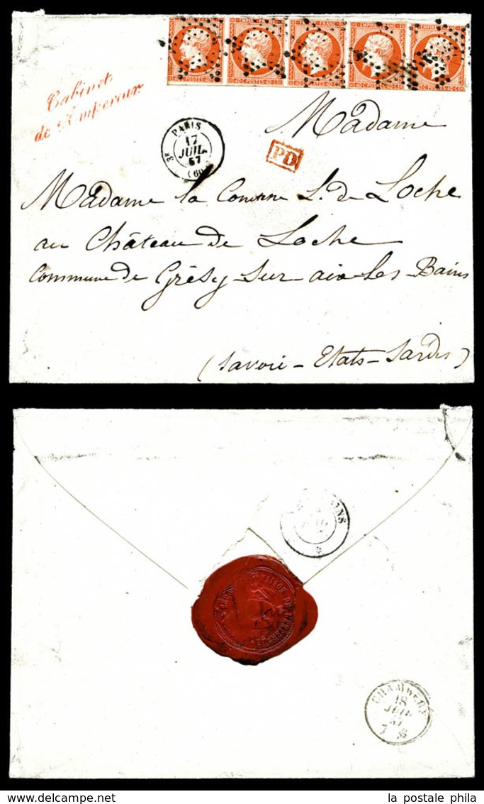 O N°16a, 40c Orangevif, Bande De 5 (def) Obl étoile + Griffe 'Cabinet De L'Empereur' Sur Lettre De Paris Le 17 Juillet 5 - 1849-1876: Période Classique