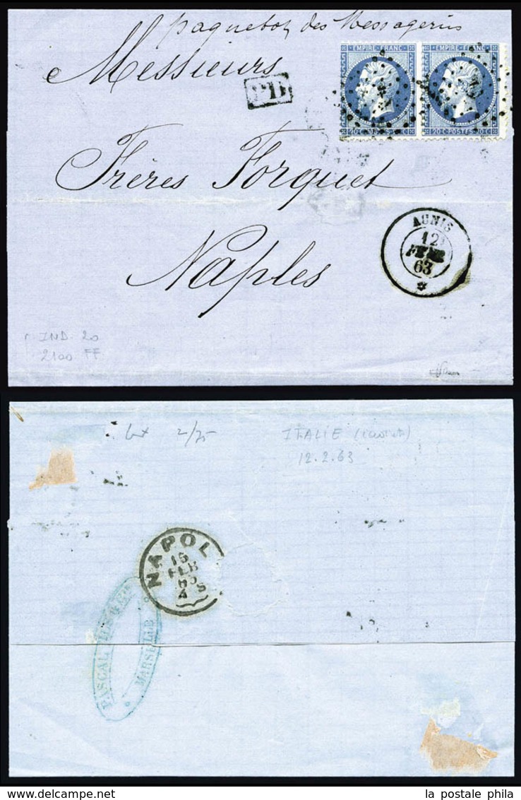 O N°22, 20c Bleu En Paire Obl Ancre + Càd Du Paquebot AUNIS Sur Lettre Pour Naples. TB (signé Brun/certificat)   Qualité - 1849-1876: Période Classique